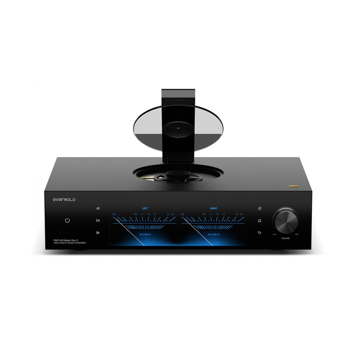 Eversolo DMP-A8 Master Gen 2 Netzwerk-Streamer Detailansicht mit Top-Loading-CD-Laufwerk und Disc-Stabilizer
