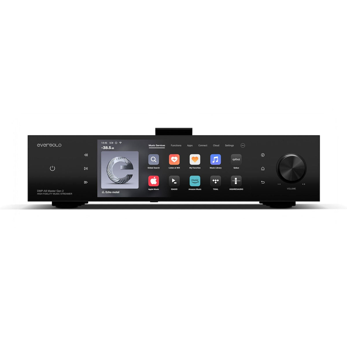 Eversolo DMP-A8 Master Gen 2 Netzwerk-Streamer Frontansicht mit Touchscreen und Lautstärkeregler