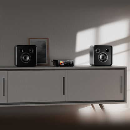 Eversolo SE100 Regallautsprecher Schwarz Lifestyle auf dem Sideboard