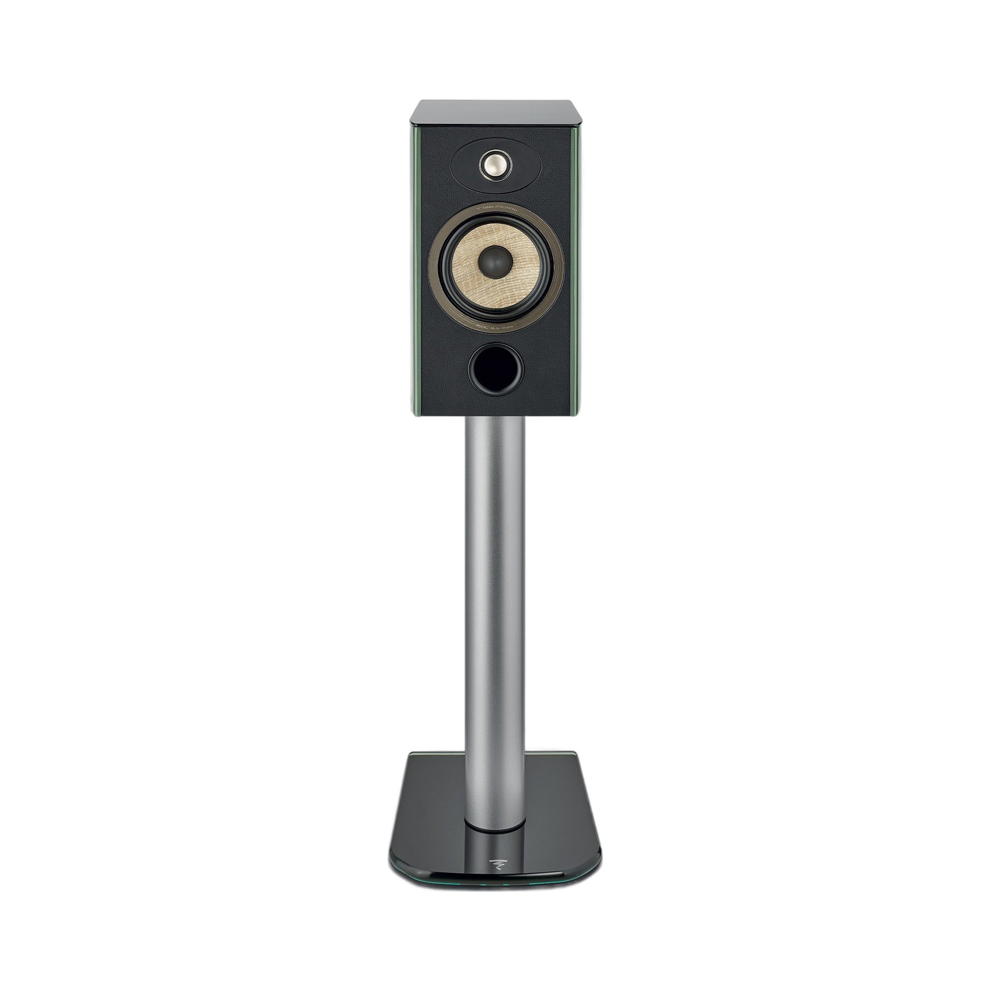 Focal Aria EVO X N°1 Regallautsprecher Moosgrün Hochglanz Frontansicht auf Lautsprecherständer