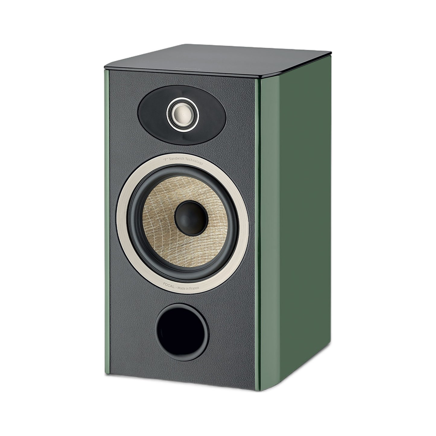 Focal Aria EVO X N°1 Regallautsprecher Moosgrün Hochglanz Schrägansicht ohne Abdeckung