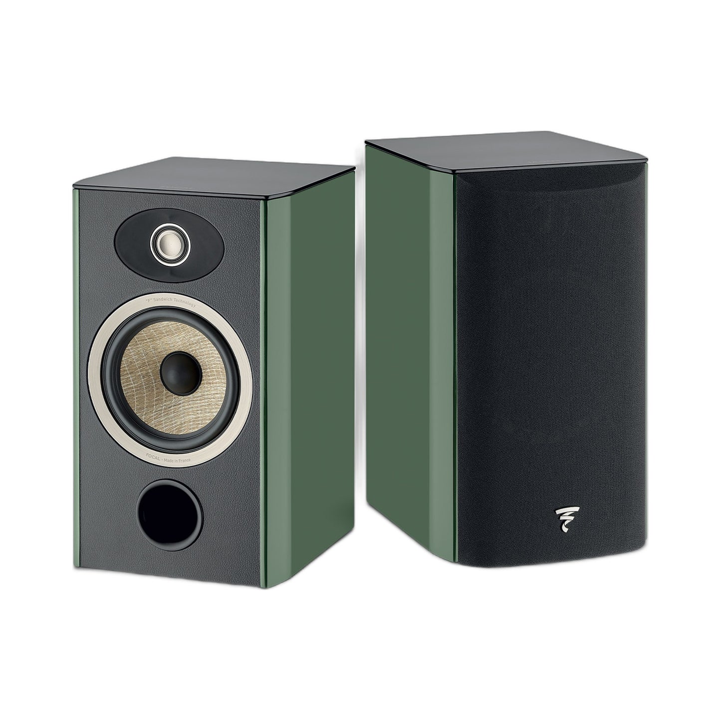 Focal Aria EVO X N°1 Regallautsprecher Moosgrün Hochglanz Stereopaar, links ohne, rechts mit Abdeckung