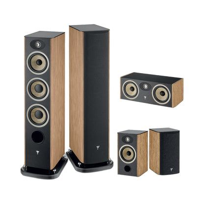 Focal Aria EVO X N°2/N°1/Center Set Nussbaum Setansicht mit Standlautsprecherpaar, Center und Regallautsprechern
