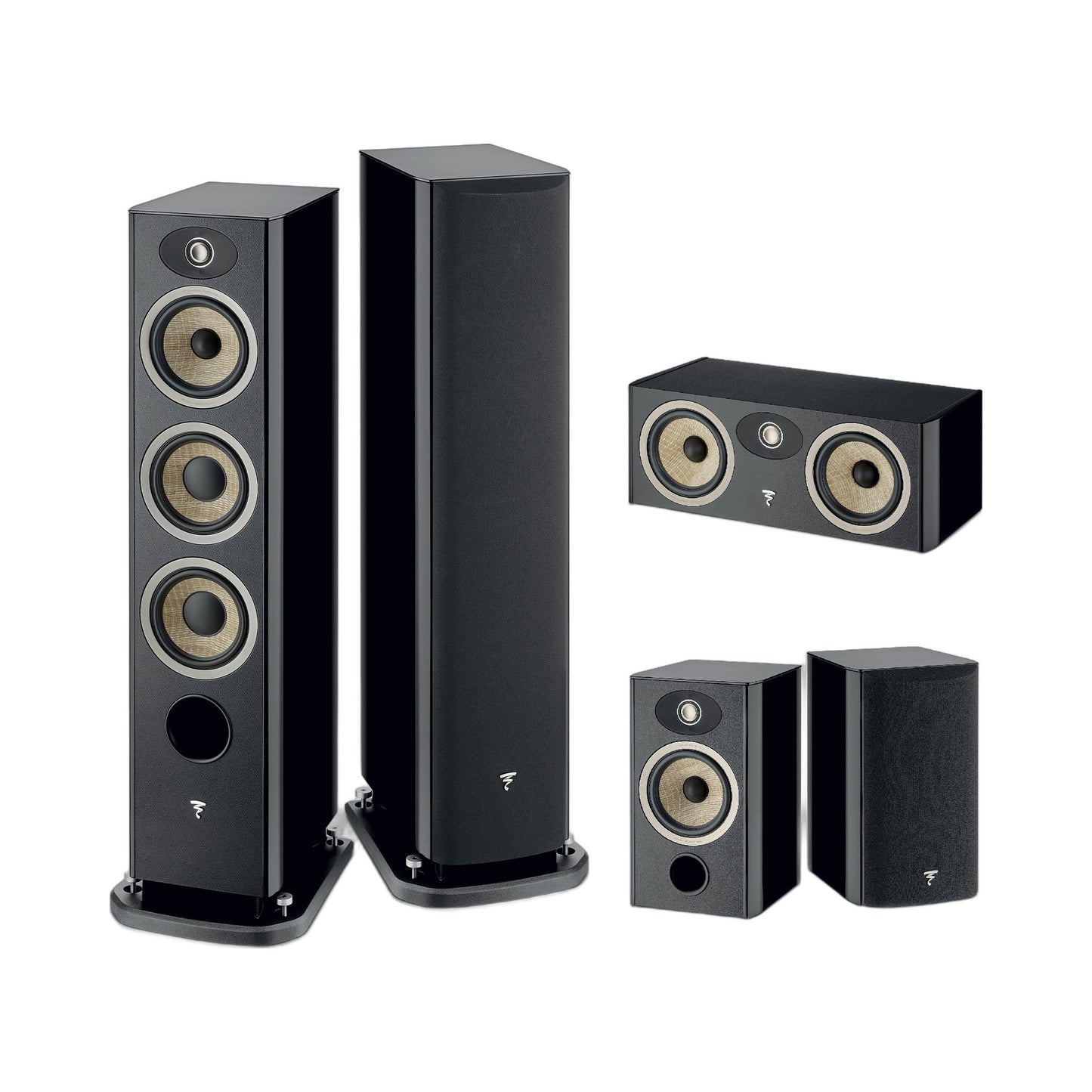 Focal Aria EVO X N°2/N°1/Center Set Schwarz Hochglanz Setansicht mit Standlautsprecherpaar, Center und Regallautsprechern