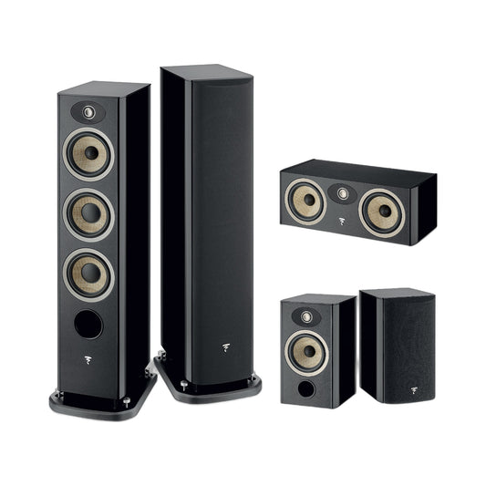 Focal Aria EVO X N°2/N°1/Center Set Schwarz Hochglanz Setansicht mit Standlautsprecherpaar, Center und Regallautsprechern
