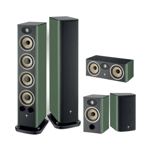 Focal Aria EVO X N°3/N°1/Center Set Moosgrün Hochglanz Setansicht mit Standlautsprecherpaar, Center und Regallautsprechern