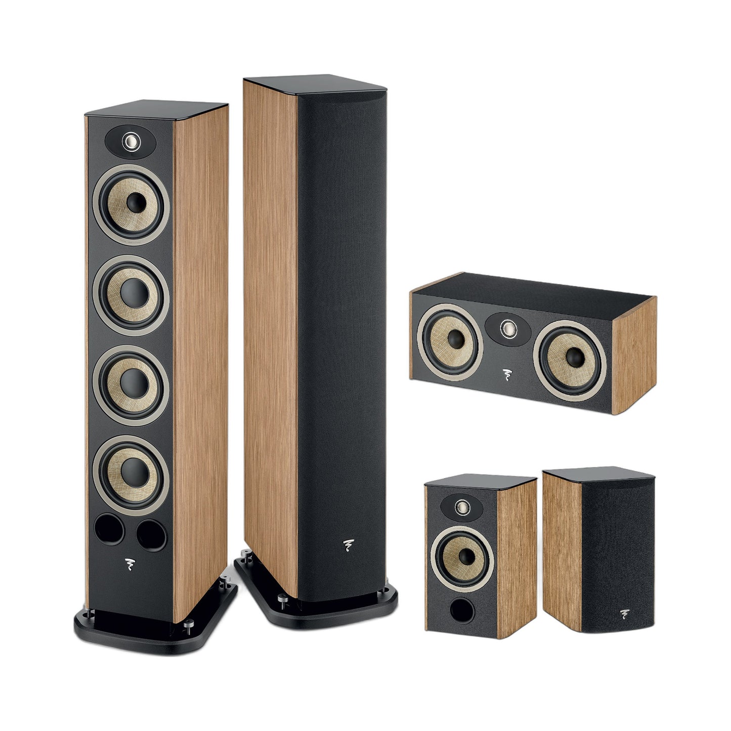 Focal Aria EVO X N°3/N°1/Center Set Nussbaum Setansicht mit Standlautsprecherpaar, Center und Regallautsprechern