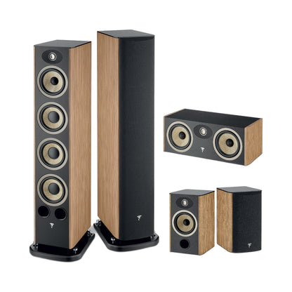 Focal Aria EVO X N°3/N°1/Center Set Nussbaum Setansicht mit Standlautsprecherpaar, Center und Regallautsprechern