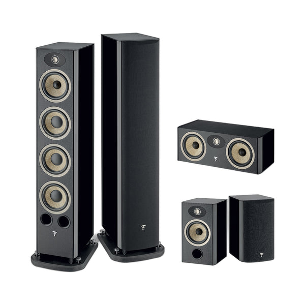 Focal Aria EVO X N°3/N°1/Center Set Schwarz Hochglanz Setansicht mit Standlautsprecherpaar, Center und Regallautsprechern
