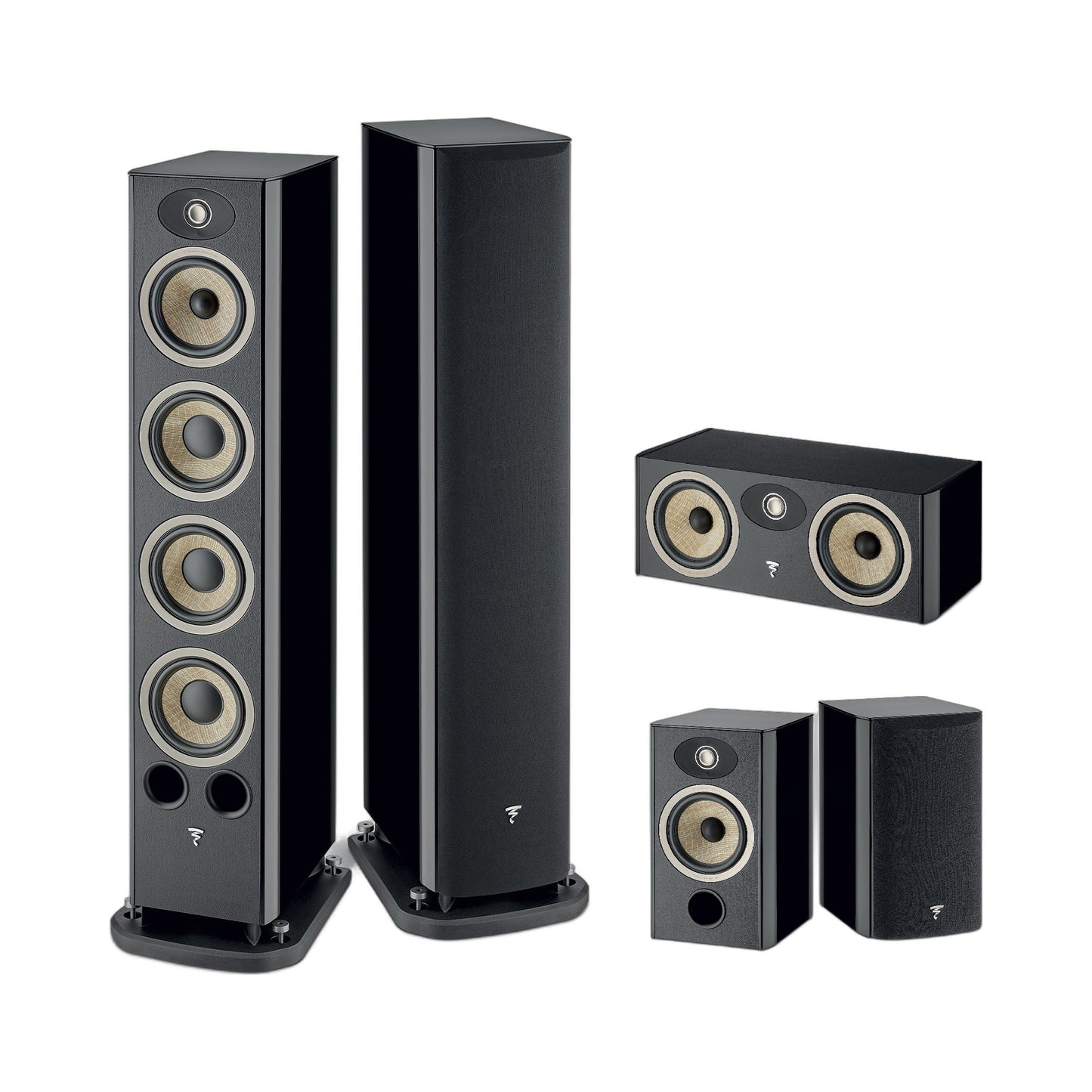 Focal Aria EVO X N°3/N°1/Center Set Schwarz Hochglanz Setansicht mit Standlautsprecherpaar, Center und Regallautsprechern