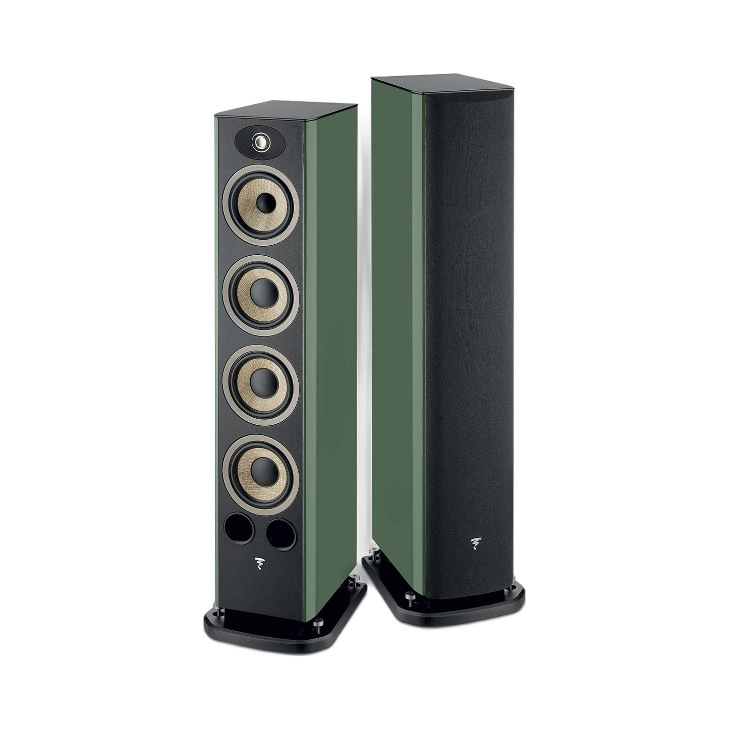 Focal Aria EVO X N°3 Standlautsprecher Moosgrün Hochglanz Stereopaar, links ohne, rechts mit Abdeckung