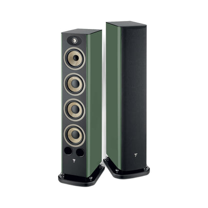 Focal Aria EVO X N°3 Standlautsprecher Moosgrün Hochglanz Stereopaar, links ohne, rechts mit Abdeckung
