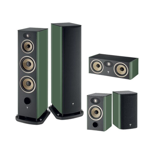 Focal Aria EVO X N°4/N°1/Center Set Moosgrün Hochglanz Setansicht mit Standlautsprecherpaar, Center und Regallautsprechern