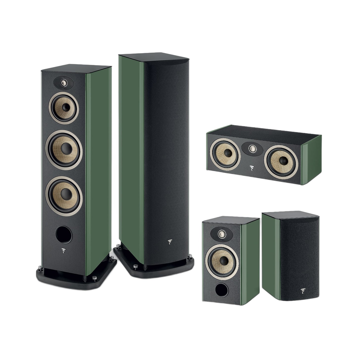 Focal Aria EVO X N°4/N°1/Center Set Moosgrün Hochglanz Setansicht mit Standlautsprecherpaar, Center und Regallautsprechern