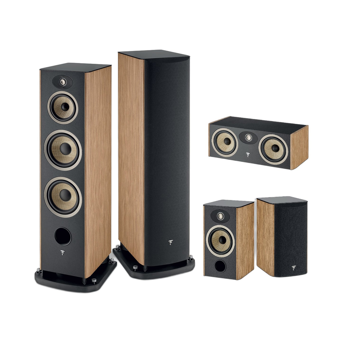 Focal Aria EVO X N°4/N°1/Center Set Nussbaum Setansicht mit Standlautsprecherpaar, Center und Regallautsprechern