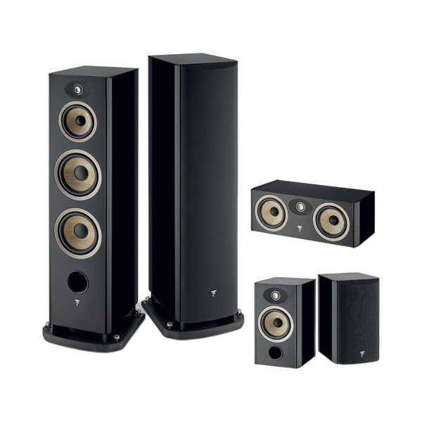 Focal Aria EVO X N°4/N°1/Center Set Schwarz Hochglanz Setansicht mit Standlautsprecherpaar, Center und Regallautsprechern