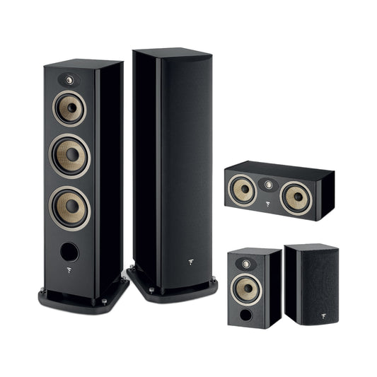 Focal Aria EVO X N°4/N°1/Center Set Schwarz Hochglanz Setansicht mit Standlautsprecherpaar, Center und Regallautsprechern