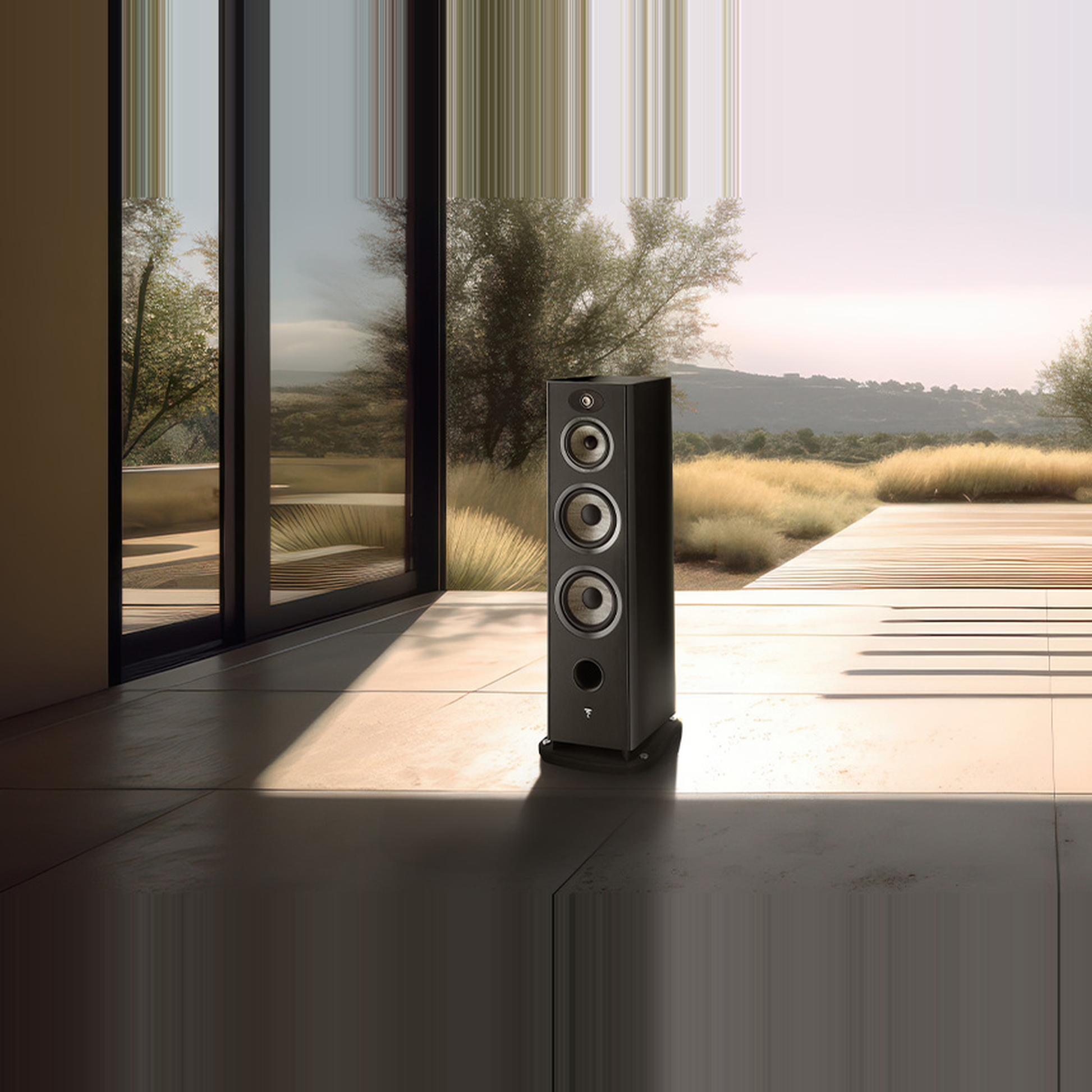 Focal Aria EVO X N°4 Standlautsprecher Schwarz Hochglanz Lifestyle im Wohnraum mit Terrassenblick