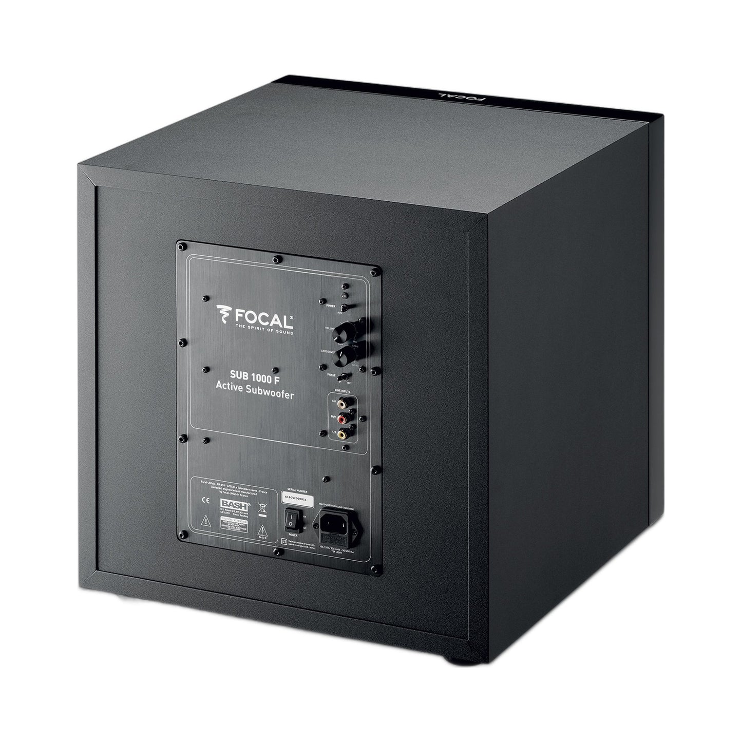 Focal SUB 1000F Aktiv-Subwoofer 30 cm Schwarz Rückansicht mit Anschlussfeld und Bedienelementen