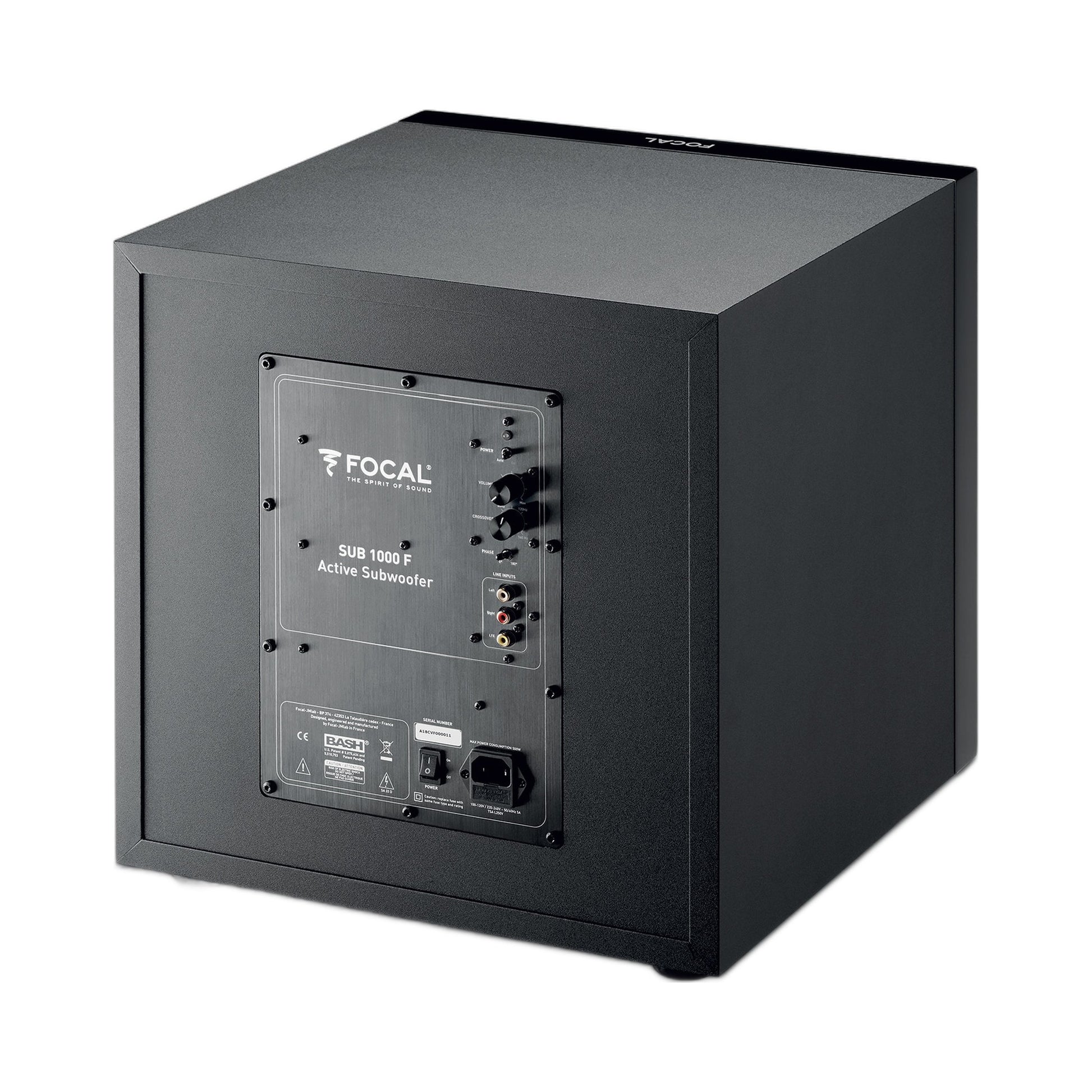 Focal SUB 1000F Aktiv-Subwoofer 30 cm Schwarz Rückansicht mit Anschlussfeld und Bedienelementen