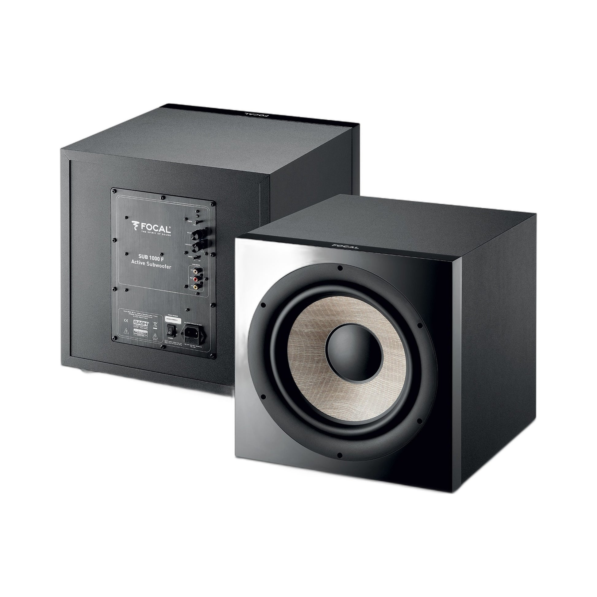Focal SUB 1000F Aktiv-Subwoofer 30 cm Schwarz Setansicht mit Vorder- und Rückseite nebeneinander