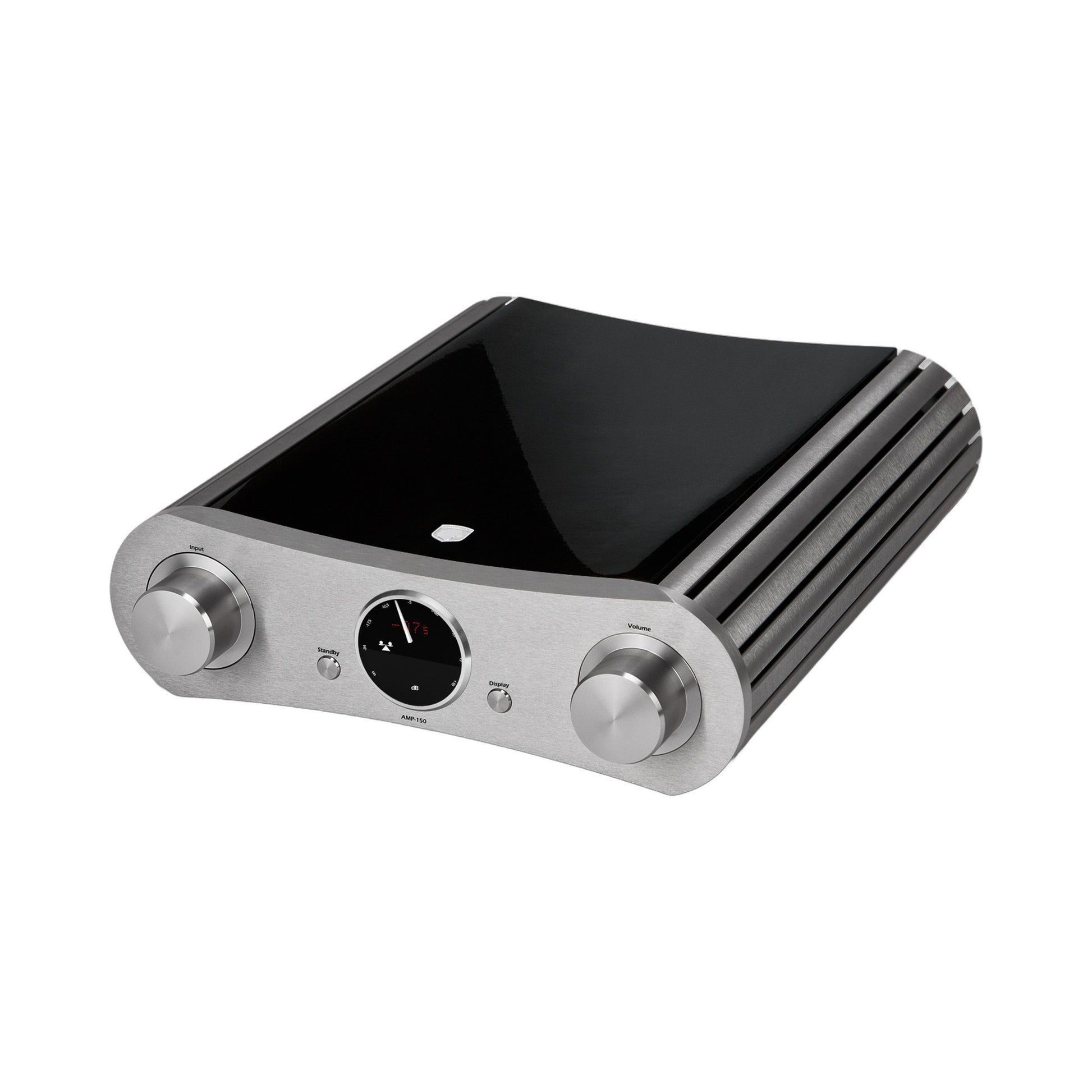Gato Audio AMP-150 AE Vollverstärker Schwarz Hochglanz Schrägansicht mit Aluminium-Front und Drehreglern