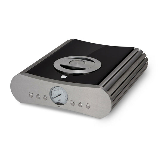 Gato Audio CDD-1 AE CD-Player & DAC Schwarz Hochglanz Schrägansicht mit Slot-Laufwerk und analogem Display