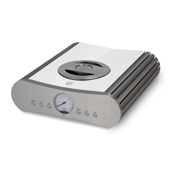 Gato Audio CDD-1 AE CD-Player & DAC Weiss Hochglanz Schrägansicht mit Slot-Laufwerk und analogem Display