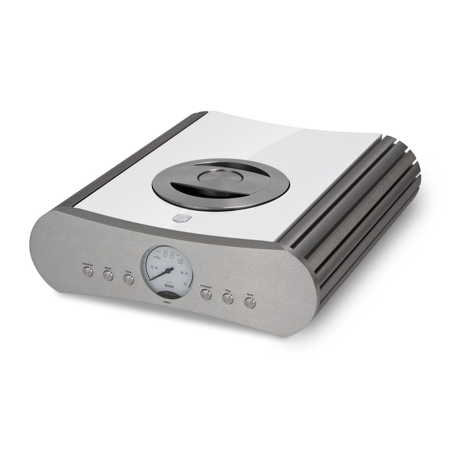 Gato Audio CDD-1 AE CD-Player & DAC Weiss Hochglanz Schrägansicht mit Slot-Laufwerk und analogem Display