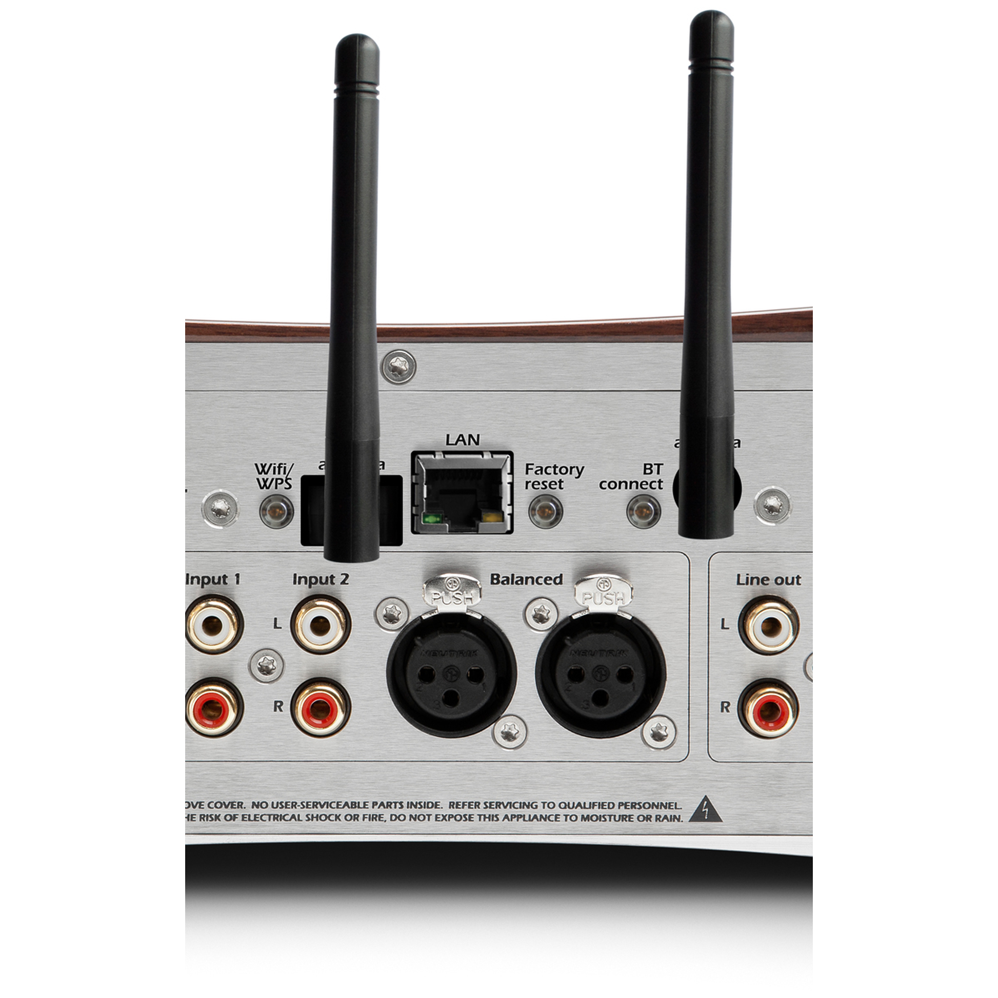 Gato Audio DIA-250S NPM Streaming-Verstärker Weiss Hochglanz Anschlussfeld mit LAN-Buchse und XLR-Eingängen
