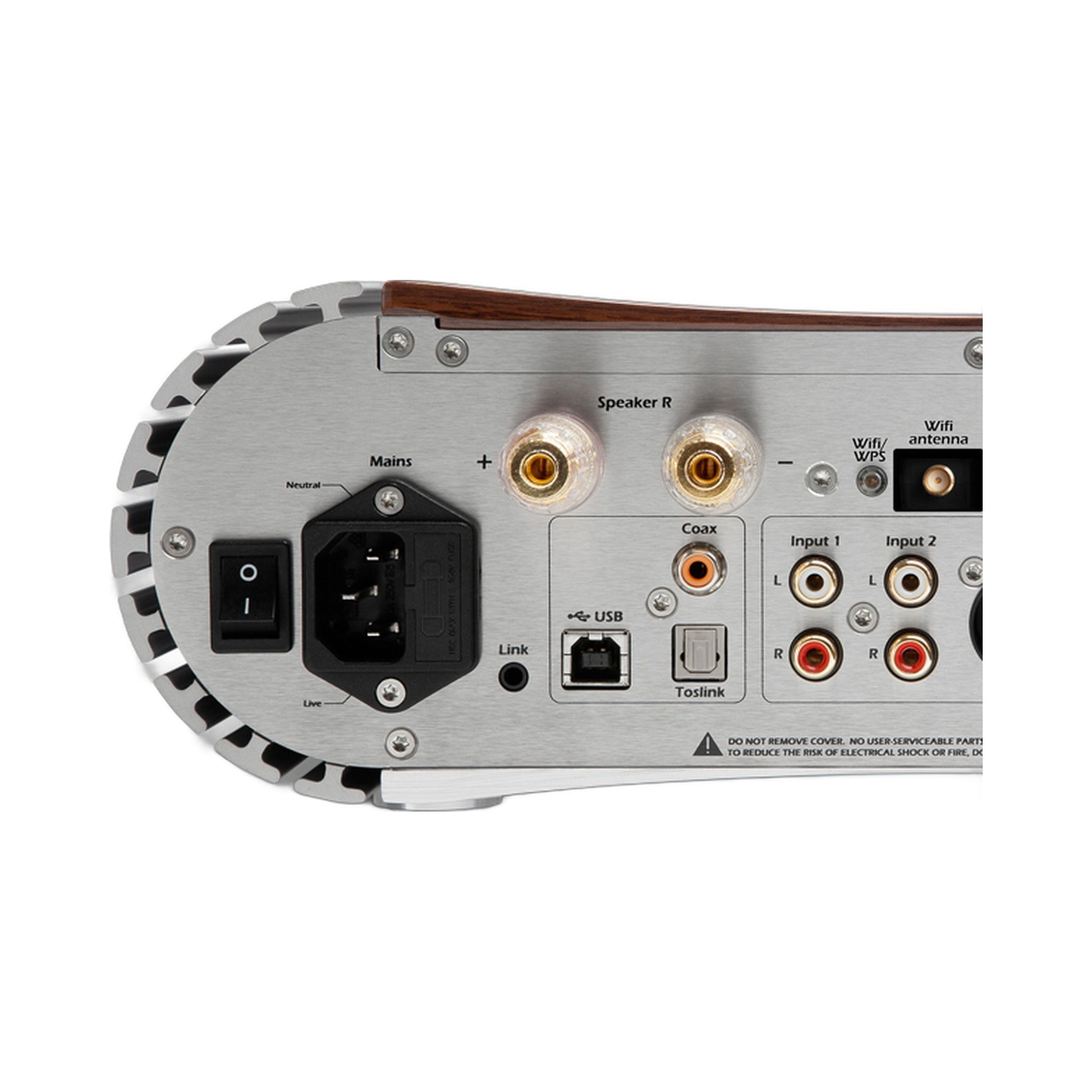 Gato Audio DIA-250S NPM Streaming-Verstärker Weiss Hochglanz Anschlussfeld mit Netzeingang und Lautsprecherklemmen