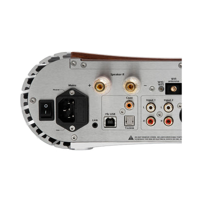 Gato Audio DIA-250S NPM Streaming-Verstärker Weiss Hochglanz Anschlussfeld mit Netzeingang und Lautsprecherklemmen