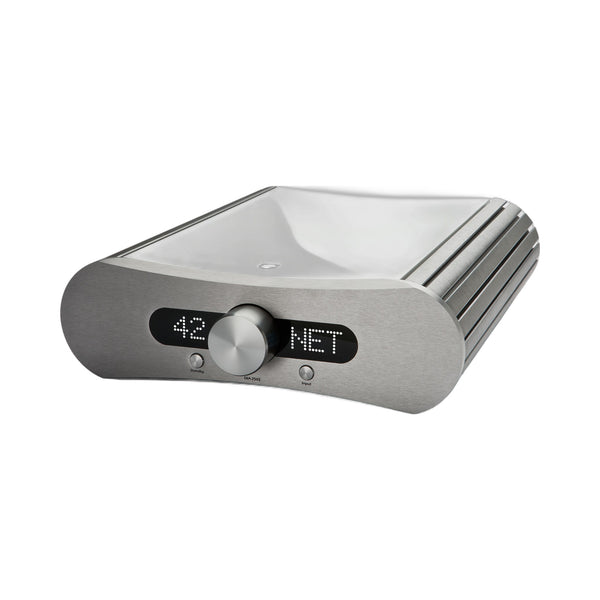 Gato Audio DIA-250S NPM Streaming-Verstärker Weiss Hochglanz Schrägansicht mit Hochglanzdeckel und Aluminium-Front