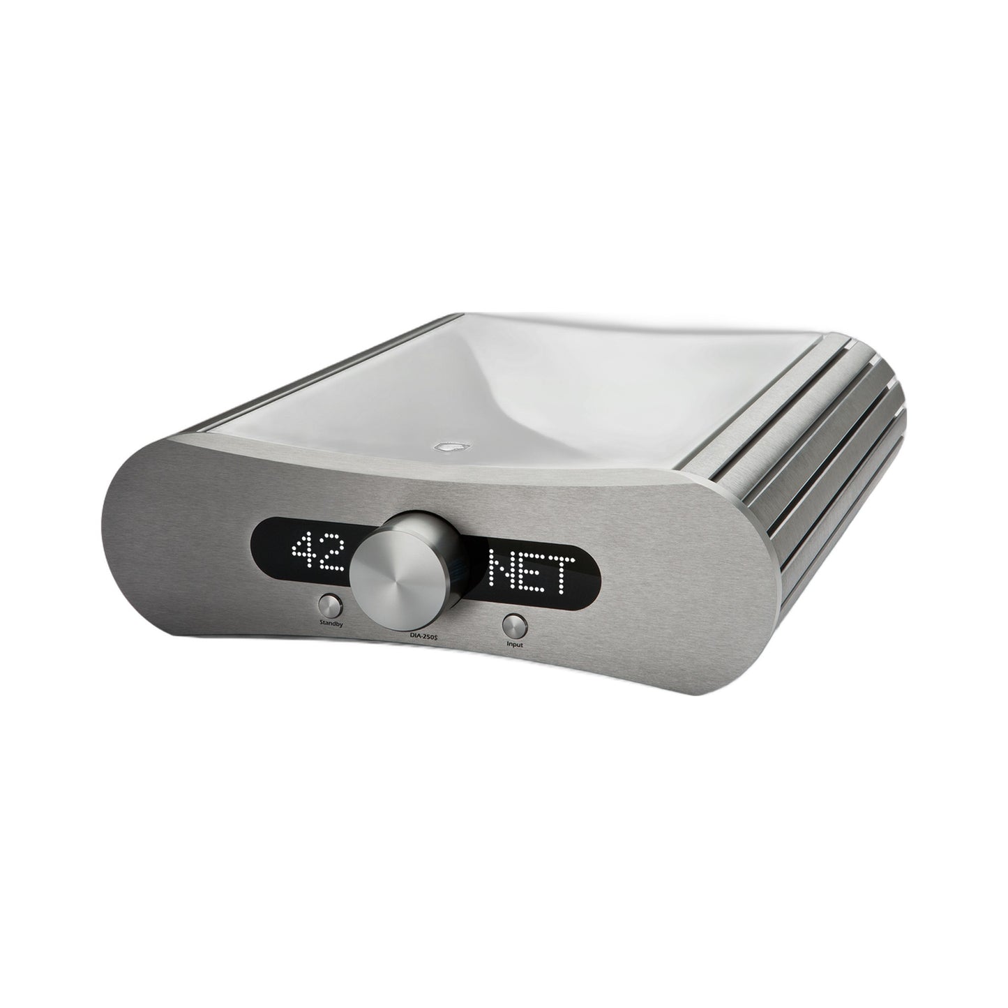 Gato Audio DIA-250S NPM Streaming-Verstärker Weiss Hochglanz Schrägansicht mit Hochglanzdeckel und Aluminium-Front
