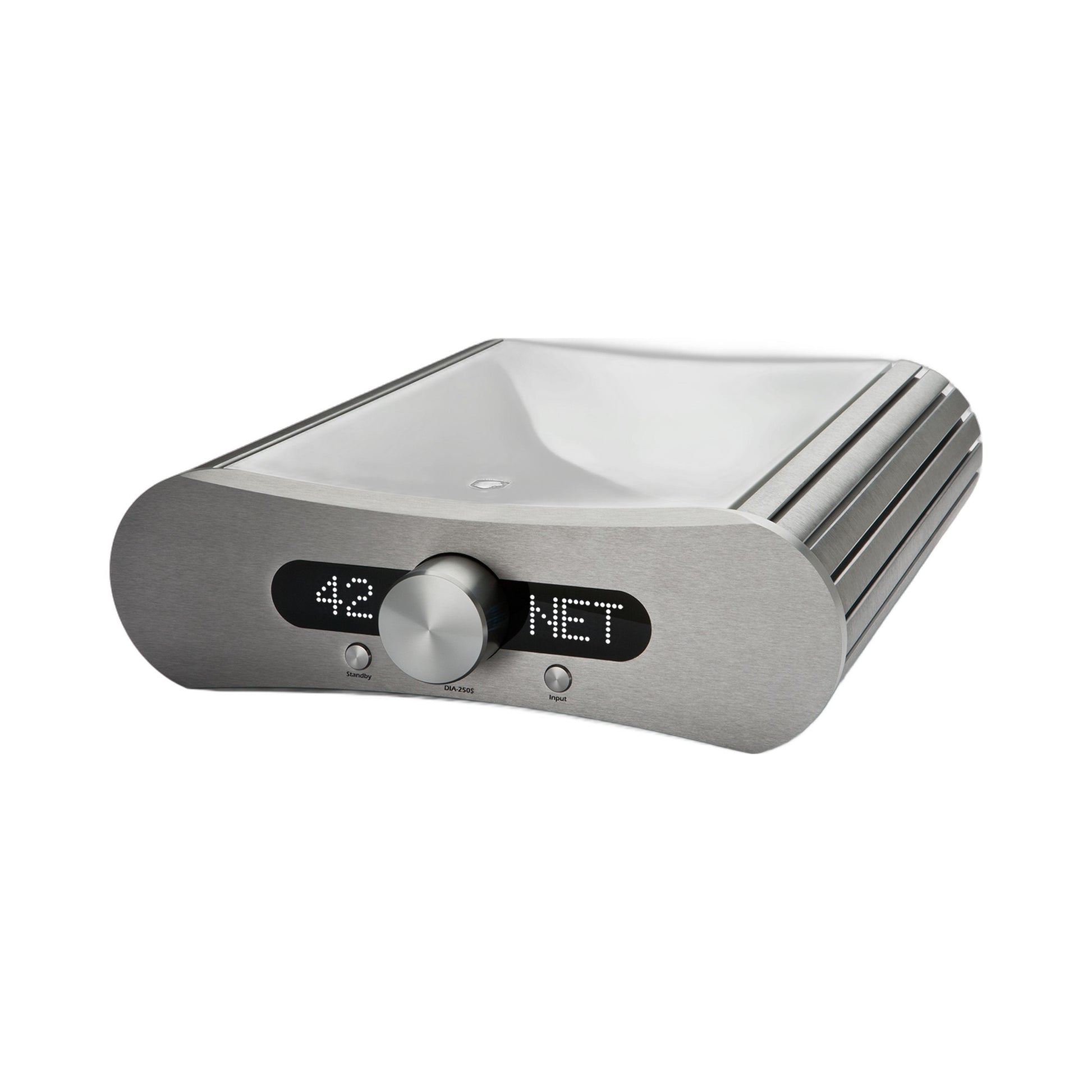 Gato Audio DIA-250S NPM Streaming-Verstärker Weiss Hochglanz Schrägansicht mit Hochglanzdeckel und Aluminium-Front