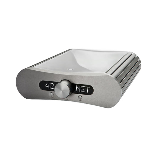 Gato Audio DIA-250S NPM Streaming-Verstärker Weiss Hochglanz Schrägansicht mit Hochglanzdeckel und Aluminium-Front