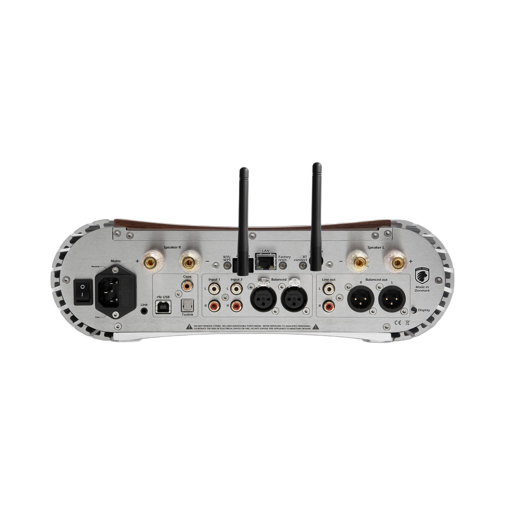 Gato Audio DIA-250S NPM Streaming-Verstärker Wunschfarbe Hochglanz Rückansicht mit Anschlussfeld und WLAN-Antennen