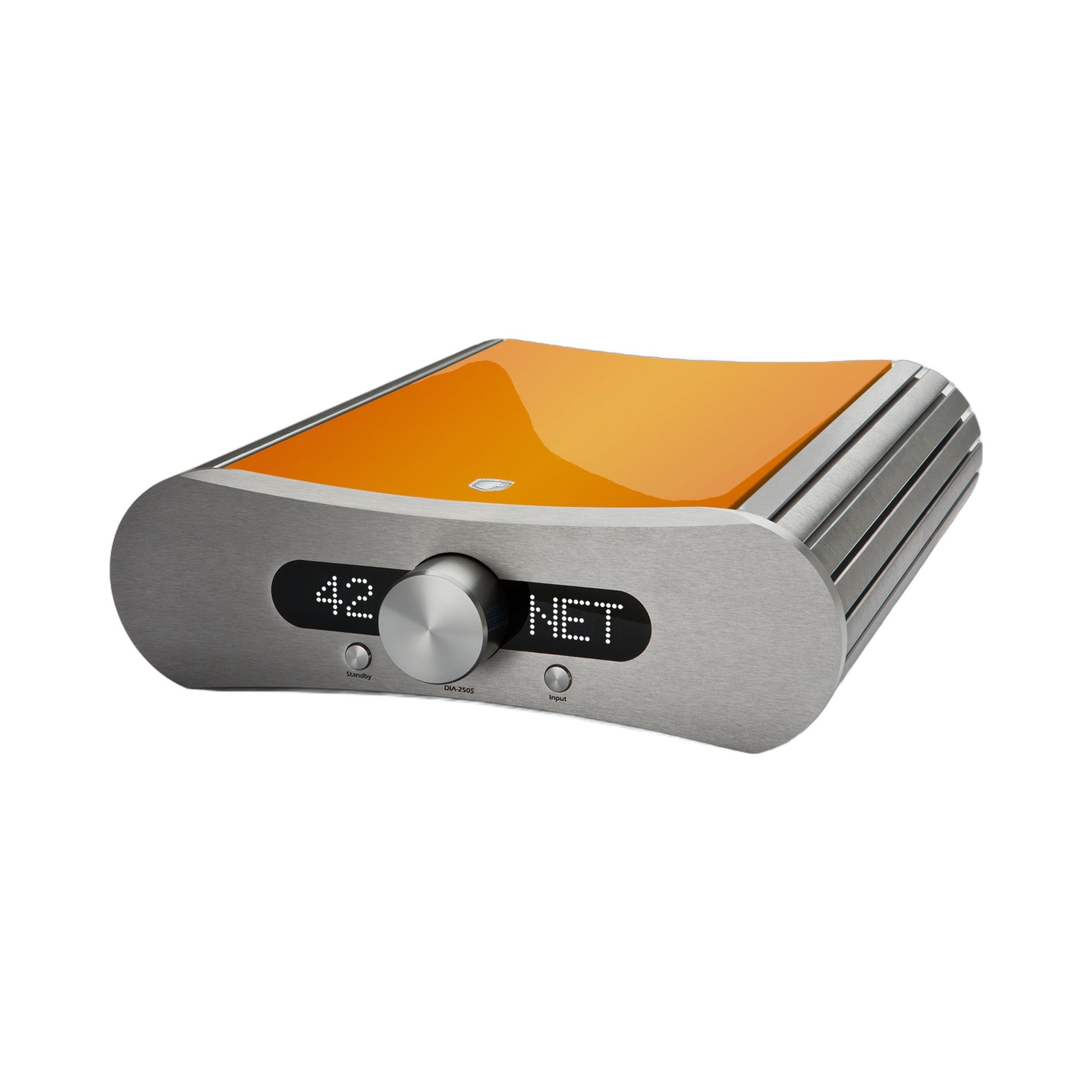 Gato Audio DIA-250S NPM Streaming-Verstärker Wunschfarbe Hochglanz Schrägansicht im Farbbeispiel Orange