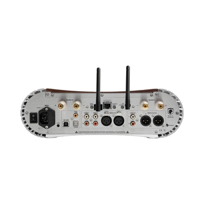 Gato Audio DIA-400S NPM Streaming-Verstärker Nussbaum Hochglanz mit WLAN-Antennen und Lautsprecherklemmen, Rückansicht