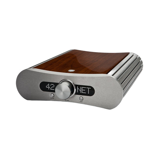 Gato Audio DIA-400S NPM Streaming-Verstärker Nussbaum Hochglanz mit Holzdeckel, Schrägansicht