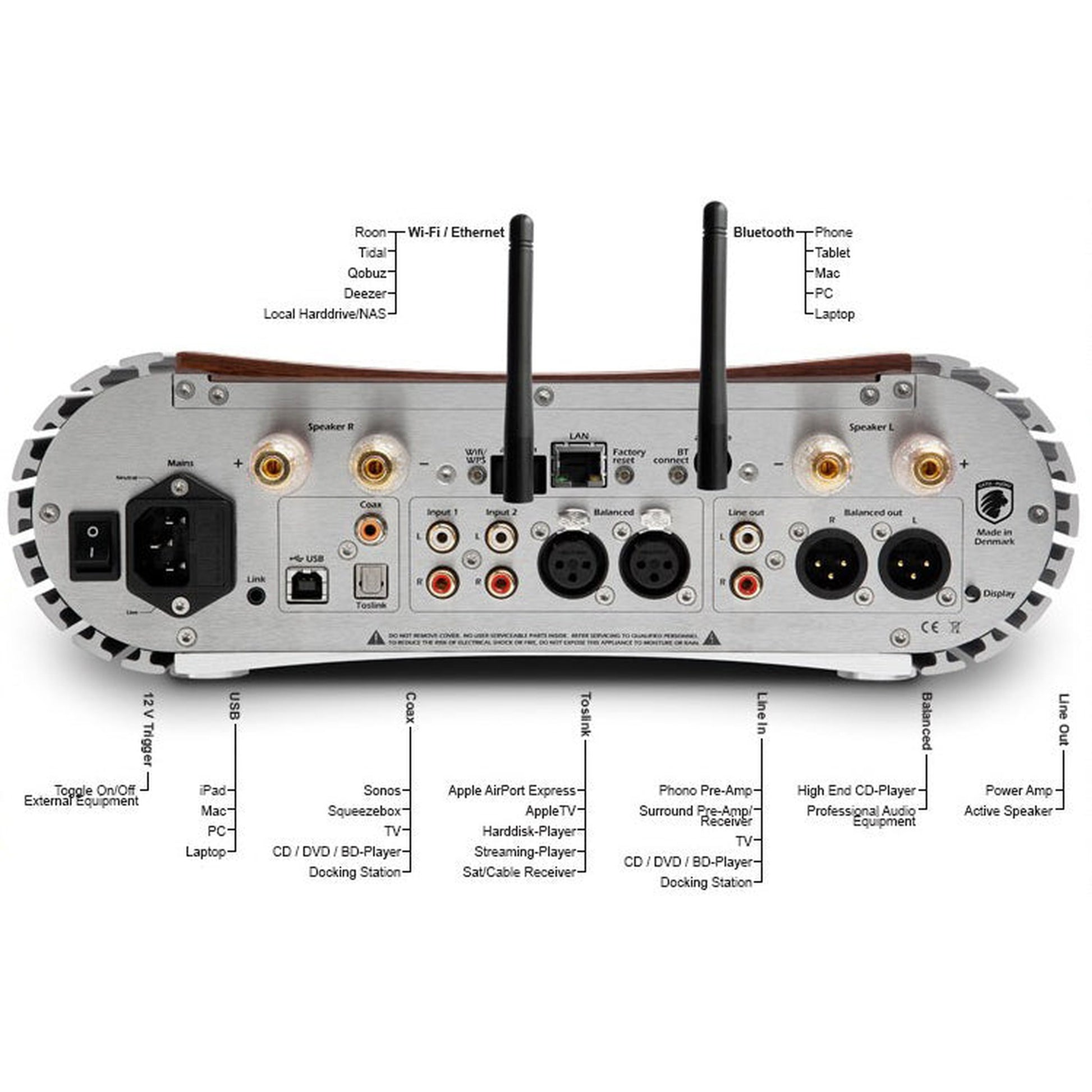 Gato Audio DIA-400S NPM Streaming-Verstärker Schwarz Hochglanz, beschriftete Quellen und Ausgänge, Anschlussdiagramm