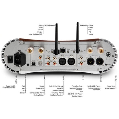 Gato Audio DIA-400S NPM Streaming-Verstärker Schwarz Hochglanz, beschriftete Quellen und Ausgänge, Anschlussdiagramm