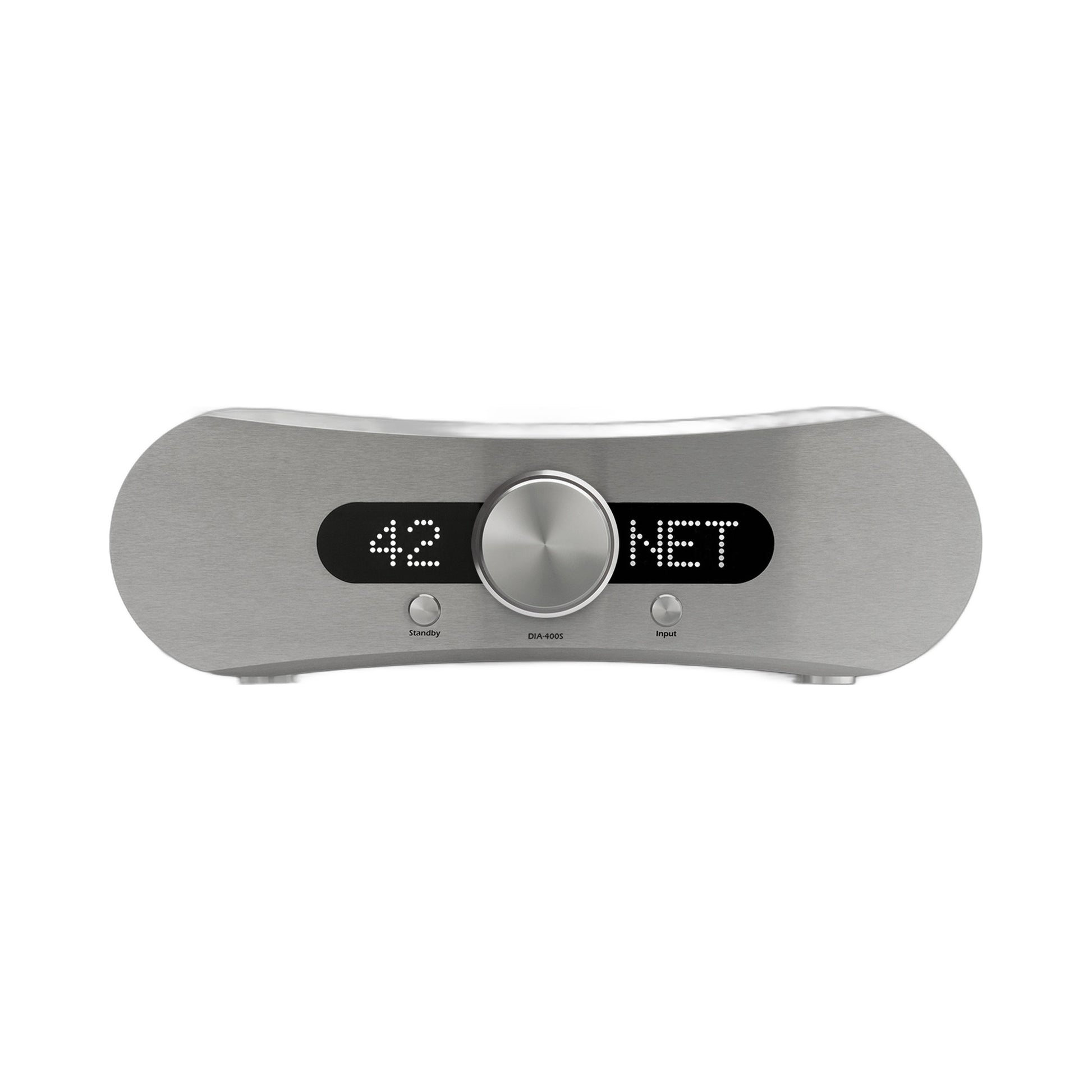 Gato Audio DIA-400S NPM Streaming-Verstärker Schwarz Hochglanz mit Punktmatrix-Display und Regler, Frontansicht