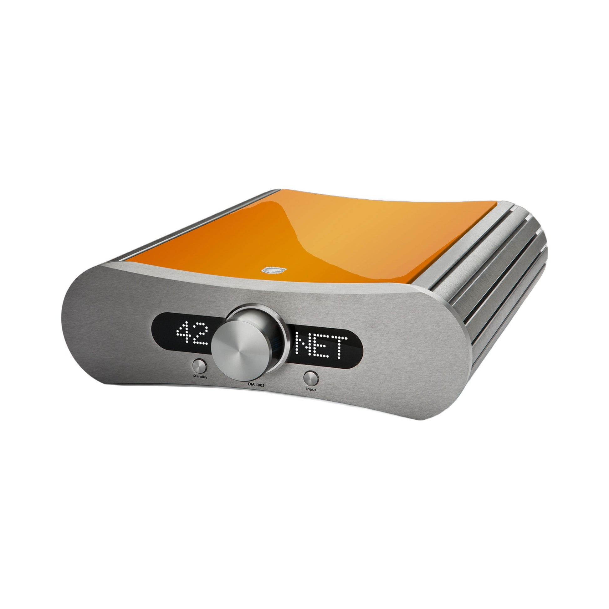 Gato Audio DIA-400S NPM Streaming-Verstärker Wunschfarbe Hochglanz, Beispiellackierung Orange, Schrägansicht