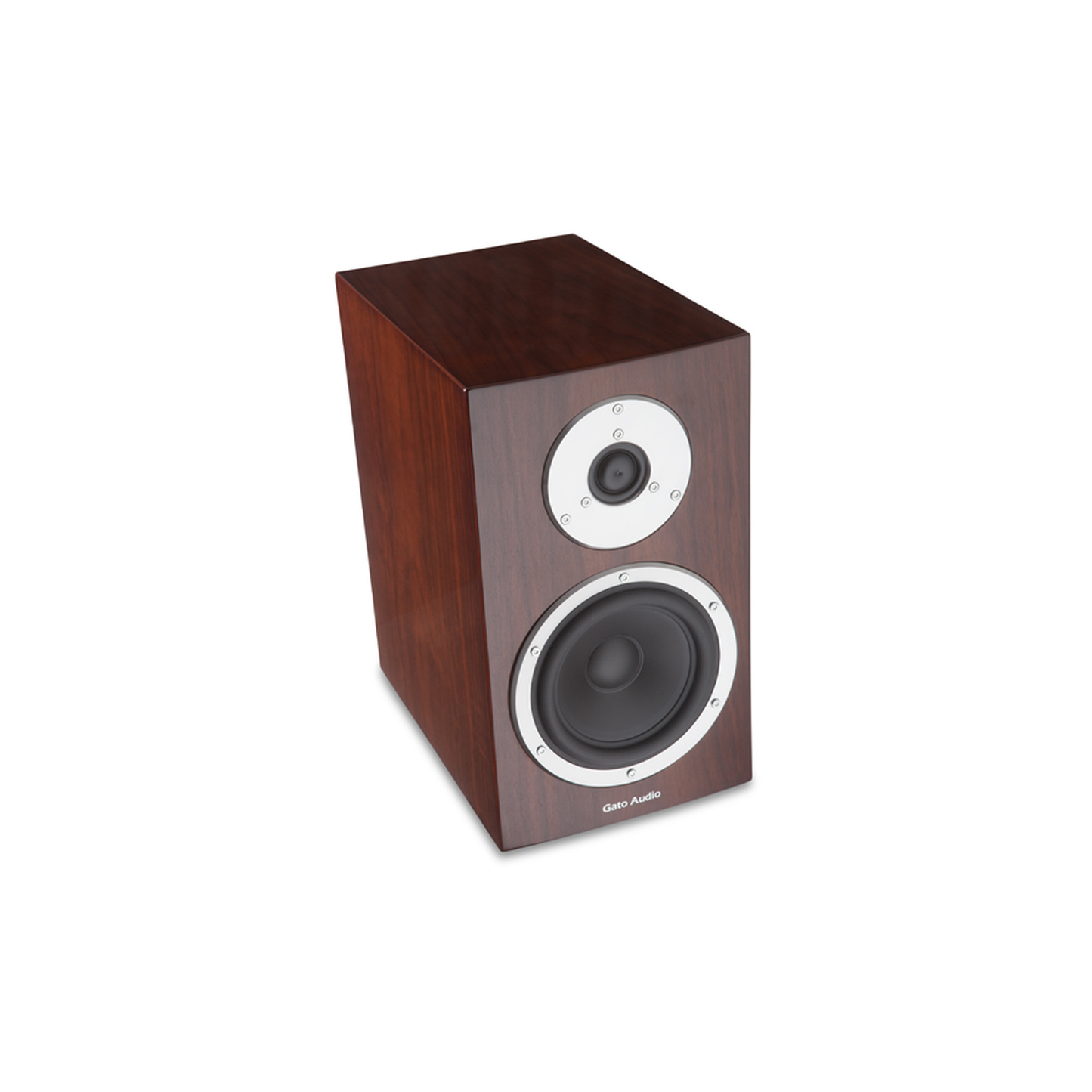 Gato Audio FM-15 Regallautsprecher Nussbaum Hochglanz Schrägansicht ohne Abdeckung, Gehäuse und Front