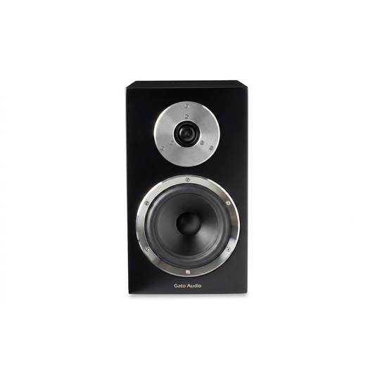 Gato Audio FM-15 Regallautsprecher Satin Black Frontansicht mit Hochtöner und Tiefmitteltöner