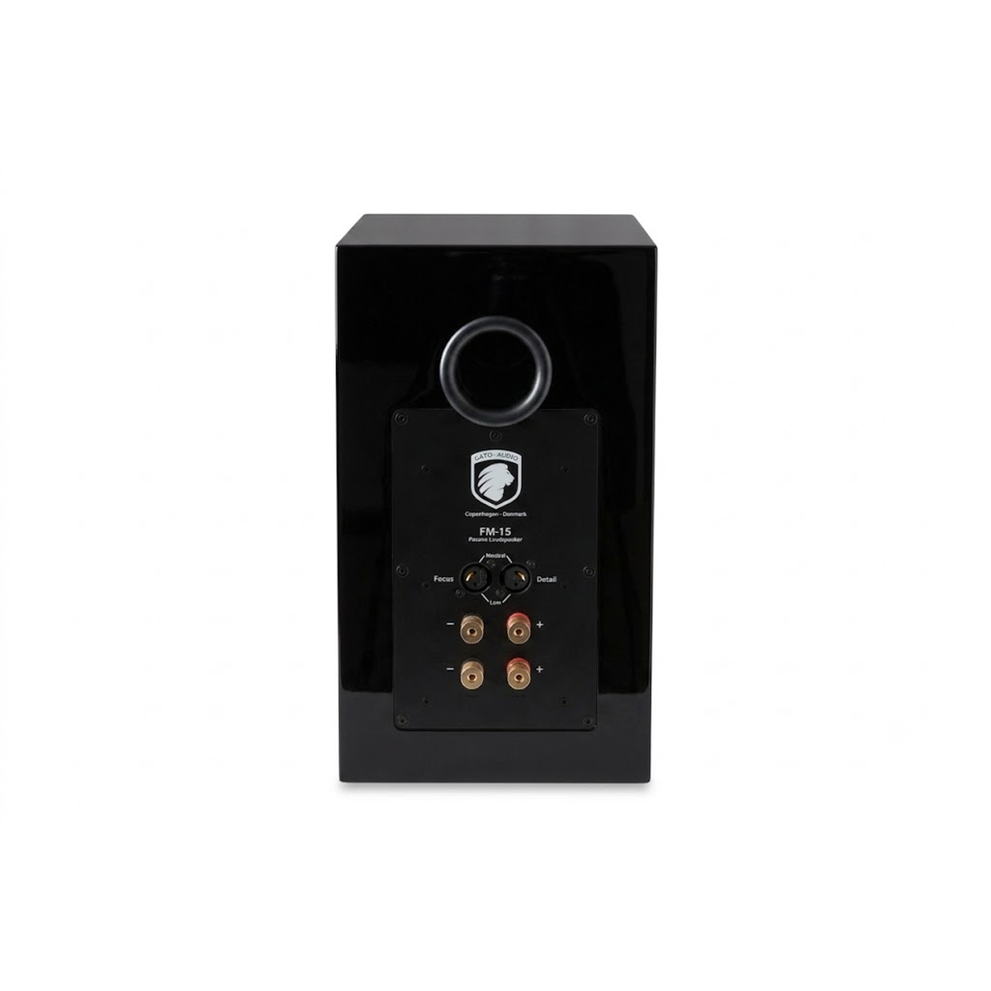 Gato Audio FM-15 Regallautsprecher Schwarz Hochglanz Rückansicht mit Bassreflexöffnung und Anschlussklemmen