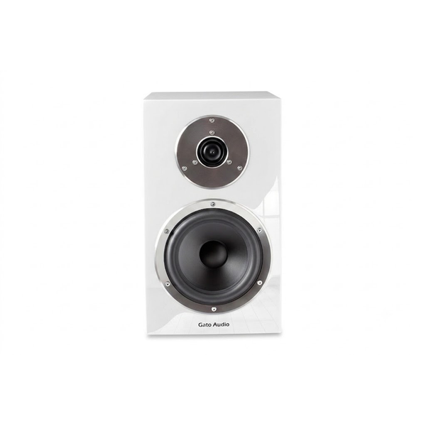 Gato Audio FM-15 Regallautsprecher Weiss Hochglanz Frontansicht mit Hochtöner und Tiefmitteltöner