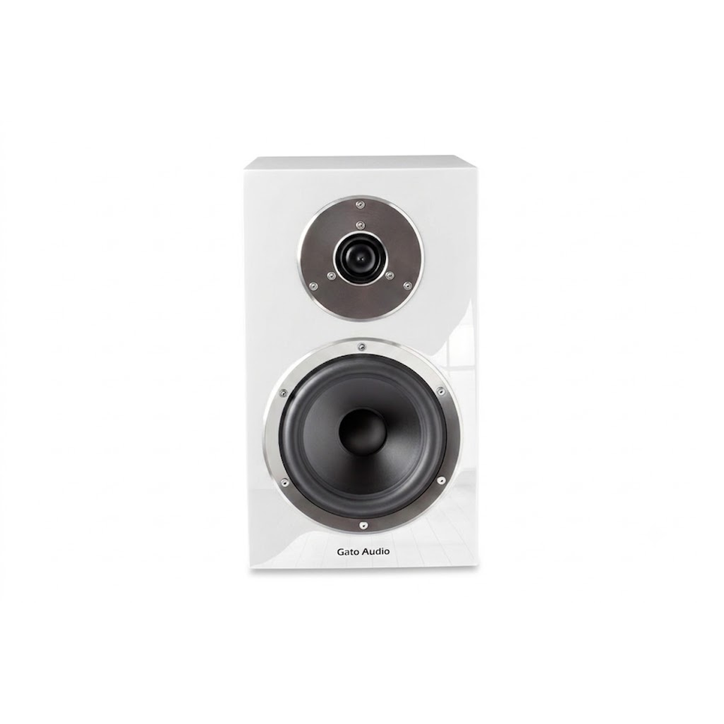 Gato Audio FM-15 Regallautsprecher Weiss Hochglanz Frontansicht mit Hochtöner und Tiefmitteltöner