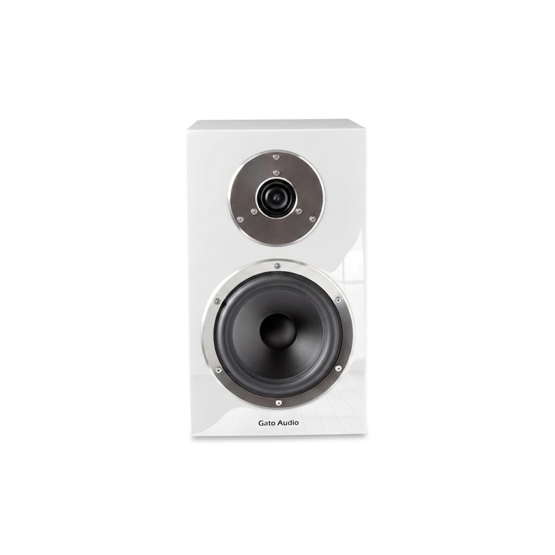 Gato Audio FM-15 Regallautsprecher Weiss Hochglanz Frontansicht mit Hochtöner und Tiefmitteltöner